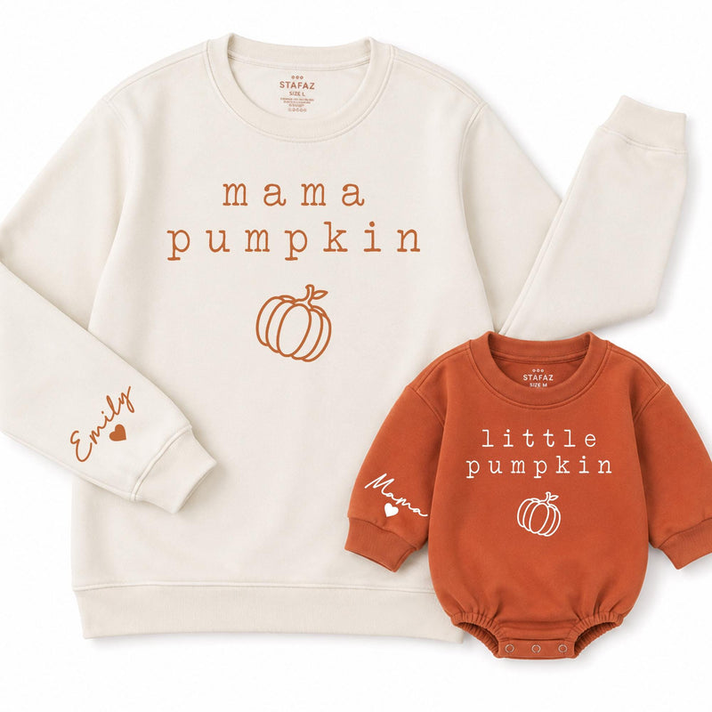Personalized Mama Pumpkin Sweatshirt and Little Pumpkin Baby Romper Matching Fall Outfit for Mom and Infant Newborn to 2XL Gift Idea