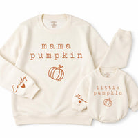 Personalized Mama Pumpkin Sweatshirt and Little Pumpkin Baby Romper Matching Fall Outfit for Mom and Infant Newborn to 2XL Gift Idea