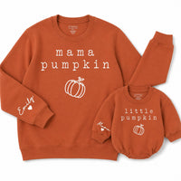 Personalized Mama Pumpkin Sweatshirt and Little Pumpkin Baby Romper Matching Fall Outfit for Mom and Infant Newborn to 2XL Gift Idea