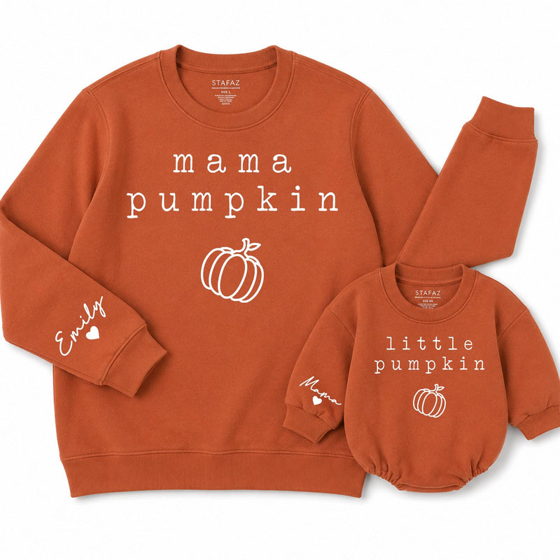 Personalized Mama Pumpkin Sweatshirt and Little Pumpkin Baby Romper Matching Fall Outfit for Mom and Infant Newborn to 2XL Gift Idea