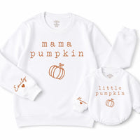 Personalized Mama Pumpkin Sweatshirt and Little Pumpkin Baby Romper Matching Fall Outfit for Mom and Infant Newborn to 2XL Gift Idea