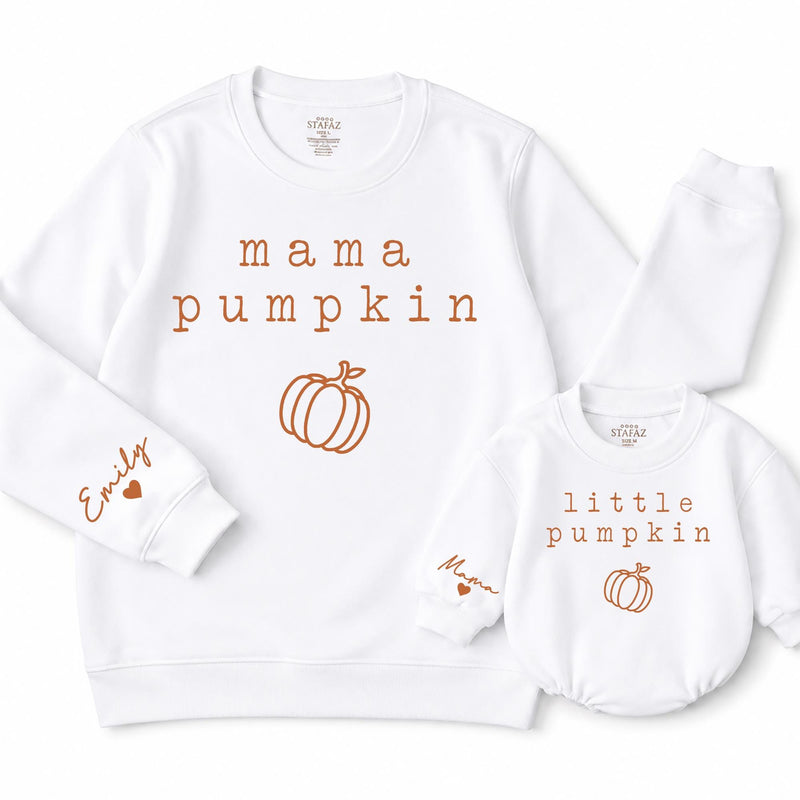 Personalized Mama Pumpkin Sweatshirt and Little Pumpkin Baby Romper Matching Fall Outfit for Mom and Infant Newborn to 2XL Gift Idea