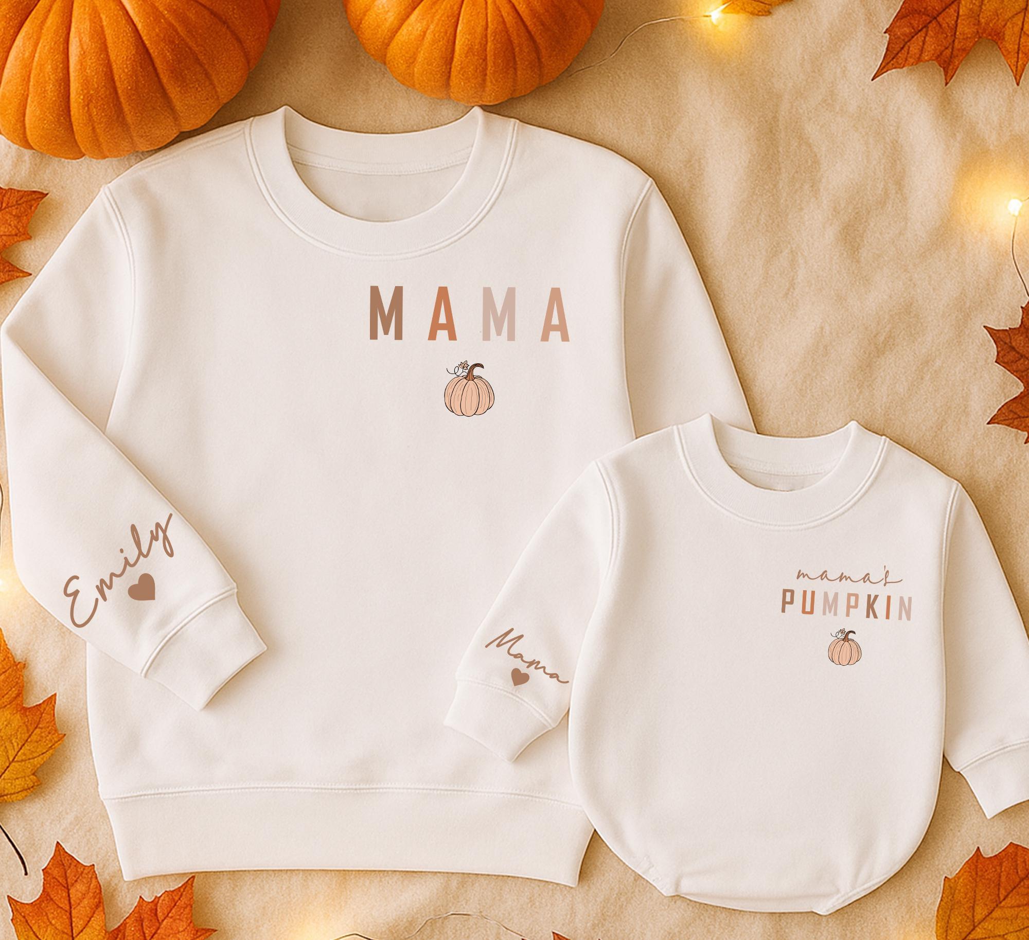 Personalized Mama and Pumpkin Sweatshirts Cozy Fall Matching Outfits Soft Cotton Mommy and Me Family Set Custom Name Autumn Gift