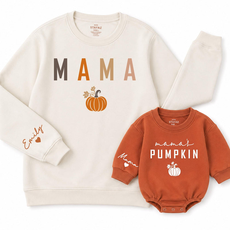 Personalized Mama Sweatshirt and Baby Pumpkin Romper Matching Fall Outfit Neutral Autumn Design Sizes NB to 2XL Perfect Gift for Mom & Baby
