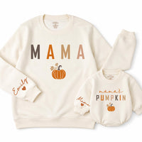 Personalized Mama Sweatshirt and Baby Pumpkin Romper Matching Fall Outfit Neutral Autumn Design Sizes NB to 2XL Perfect Gift for Mom & Baby
