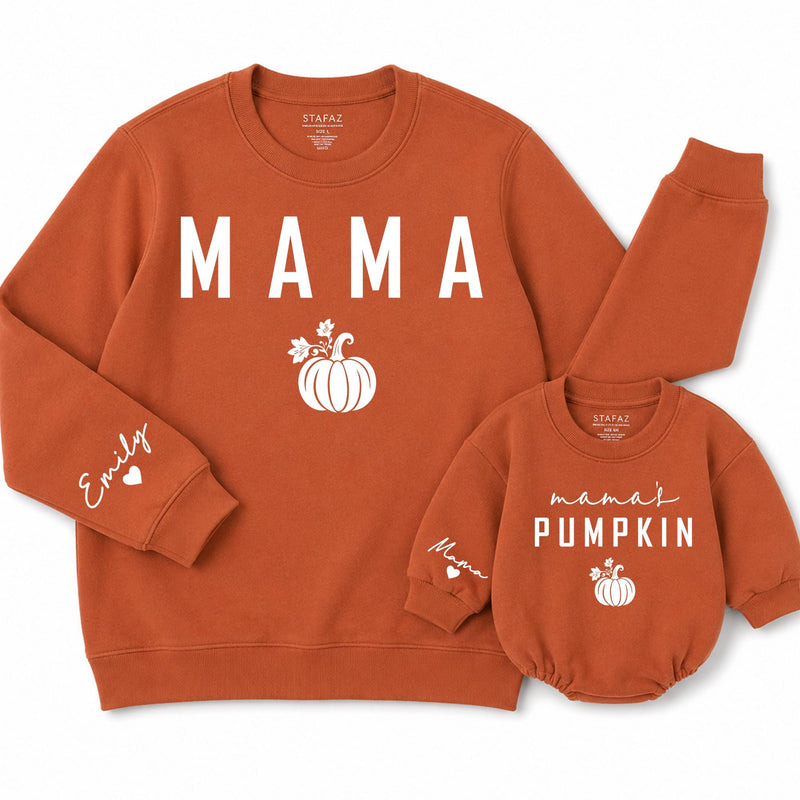 Personalized Mama Sweatshirt and Baby Pumpkin Romper Matching Fall Outfit Neutral Autumn Design Sizes NB to 2XL Perfect Gift for Mom & Baby