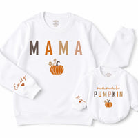 Personalized Mama Sweatshirt and Baby Pumpkin Romper Matching Fall Outfit Neutral Autumn Design Sizes NB to 2XL Perfect Gift for Mom & Baby