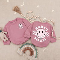 Personalized Mama’s Besties Baby Romper with Pink Leopard Smiley Face Retro-Inspired Outfit Soft Cotton Baby Girl Shower Gift