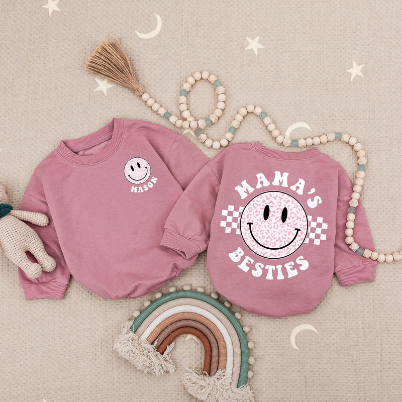 Personalized Mama’s Besties Baby Romper with Pink Leopard Smiley Face Retro-Inspired Outfit Soft Cotton Baby Girl Shower Gift