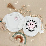 Personalized Mama’s Besties Baby Romper with Pink Leopard Smiley Face Retro-Inspired Outfit Soft Cotton Baby Girl Shower Gift