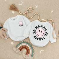 Personalized Mama’s Besties Baby Romper with Pink Leopard Smiley Face Retro-Inspired Outfit Soft Cotton Baby Girl Shower Gift