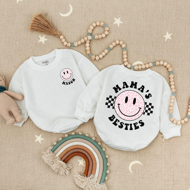 Personalized Mama’s Besties Baby Romper with Pink Leopard Smiley Face Retro-Inspired Outfit Soft Cotton Baby Girl Shower Gift