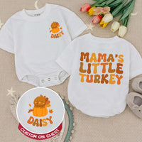 Personalized Mama's Little Turkey Baby Romper with Name Thanksgiving Outfit Pumpkin Cartoon Design Infant Fall Clothes Soft and Cozy Gift