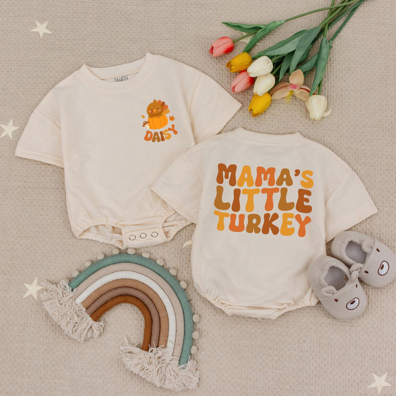 Personalized Mama's Little Turkey Baby Romper with Name Thanksgiving Outfit Pumpkin Cartoon Design Infant Fall Clothes Soft and Cozy Gift