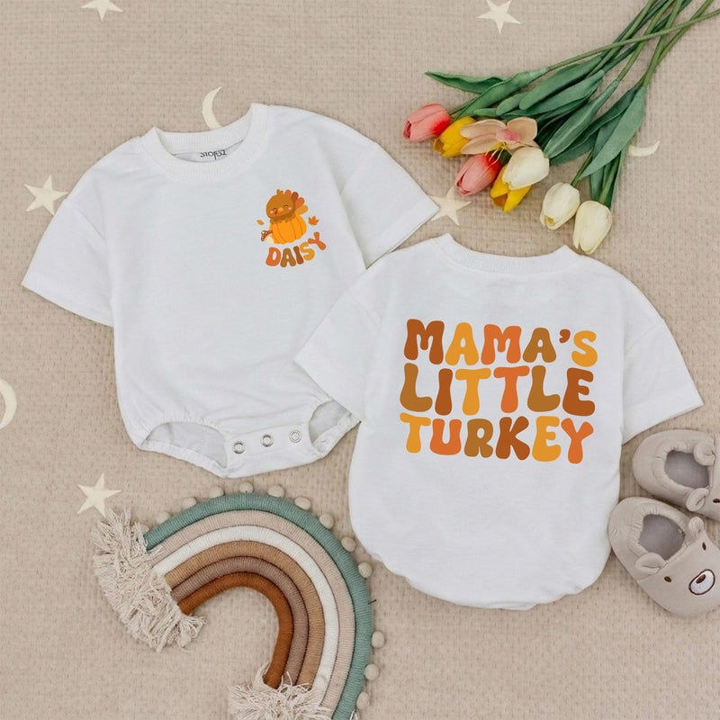 Personalized Mama's Little Turkey Baby Romper with Name Thanksgiving Outfit Pumpkin Cartoon Design Infant Fall Clothes Soft and Cozy Gift