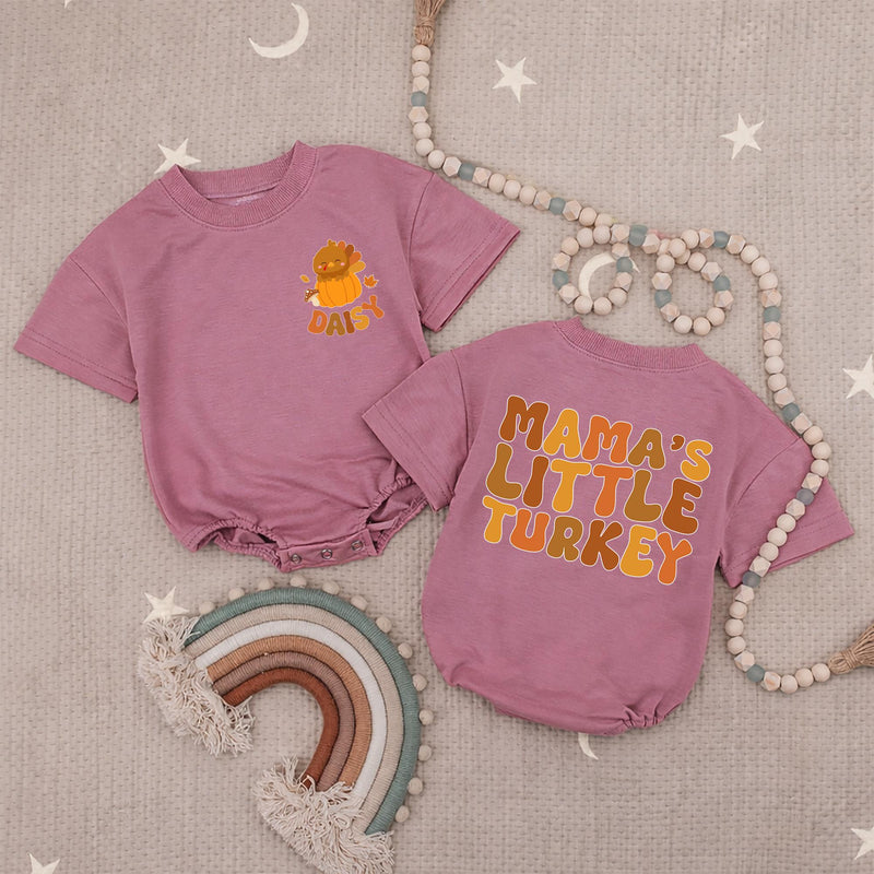 Personalized Mama's Little Turkey Baby Romper with Name Thanksgiving Outfit Pumpkin Cartoon Design Infant Fall Clothes Soft and Cozy Gift