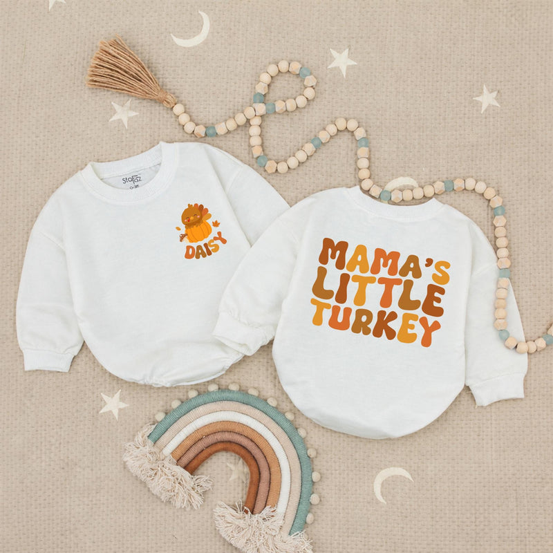 Personalized Mama's Little Turkey Baby Romper with Name Thanksgiving Outfit Pumpkin Cartoon Design Infant Fall Clothes Soft and Cozy Gift