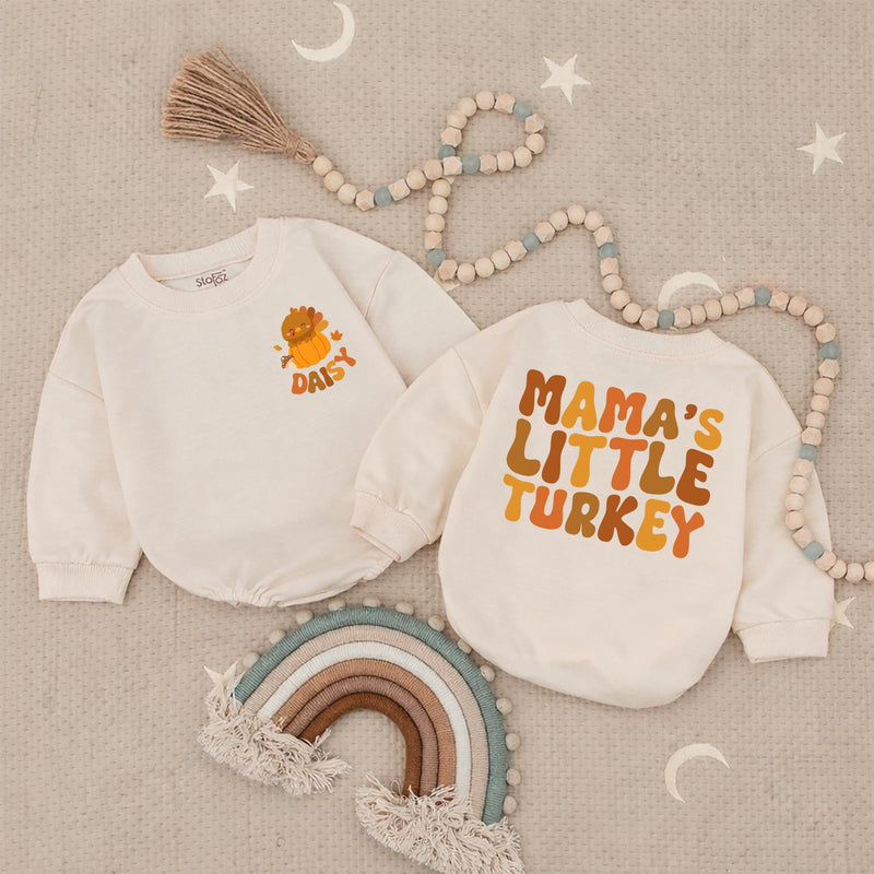 Personalized Mama's Little Turkey Baby Romper with Name Thanksgiving Outfit Pumpkin Cartoon Design Infant Fall Clothes Soft and Cozy Gift