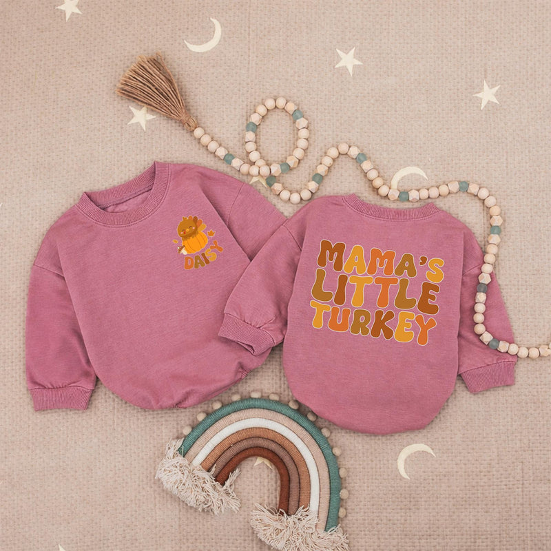 Personalized Mama's Little Turkey Baby Romper with Name Thanksgiving Outfit Pumpkin Cartoon Design Infant Fall Clothes Soft and Cozy Gift