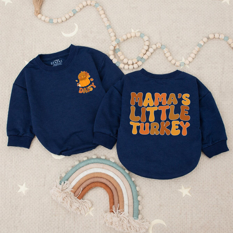 Personalized Mama's Little Turkey Baby Romper with Name Thanksgiving Outfit Pumpkin Cartoon Design Infant Fall Clothes Soft and Cozy Gift