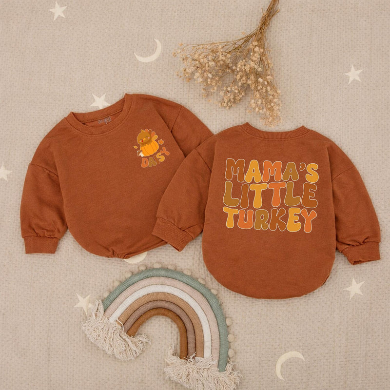 Personalized Mama's Little Turkey Baby Romper with Name Thanksgiving Outfit Pumpkin Cartoon Design Infant Fall Clothes Soft and Cozy Gift