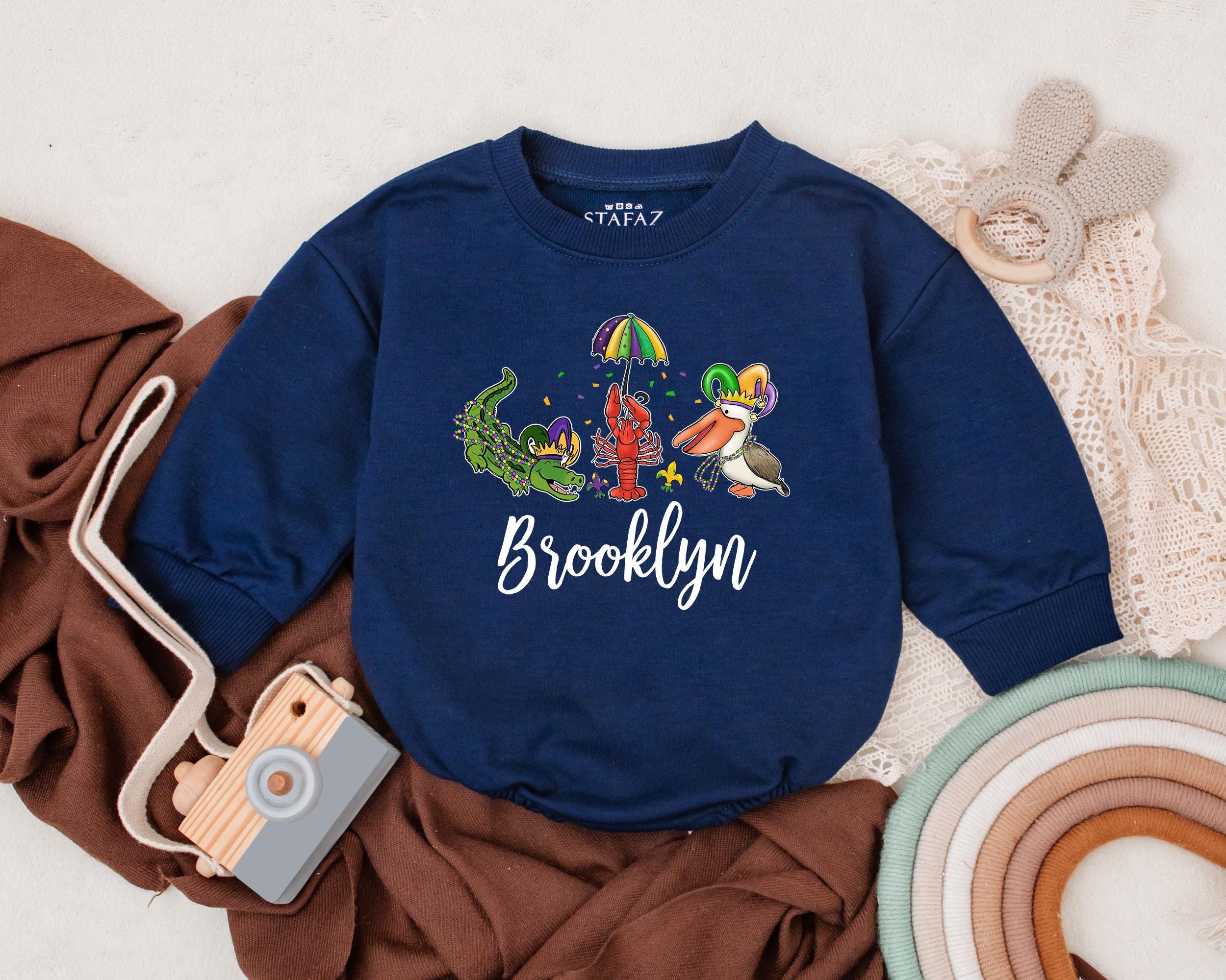 Personalized Mardi Gras Baby Romper with Cheerful Alligator Crawfish Cartoon Fun Brooklyn Design Infant Toddler Gift Soft Cotton Outfit