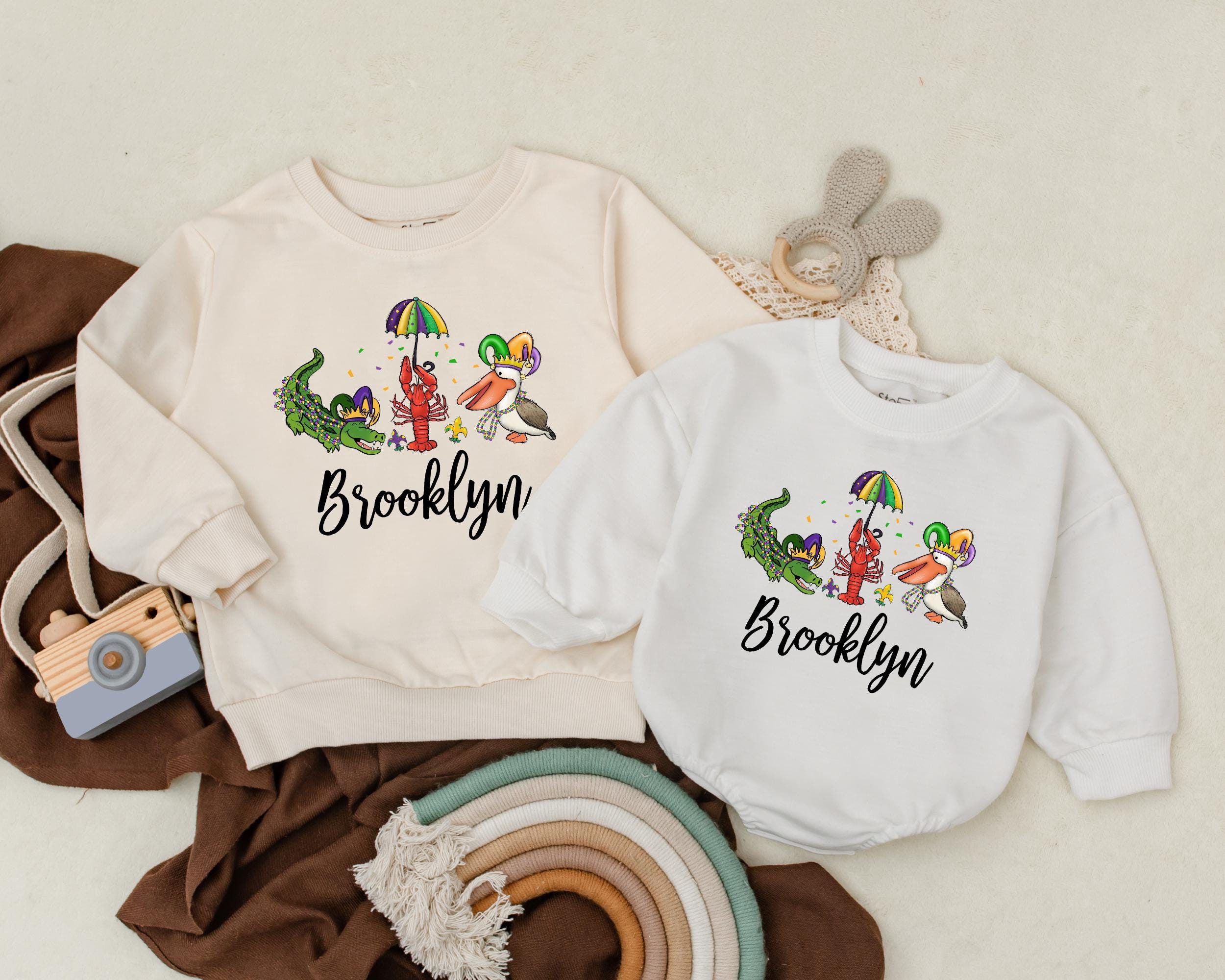 Personalized Mardi Gras Baby Romper with Cheerful Alligator Crawfish Cartoon Fun Brooklyn Design Infant Toddler Gift Soft Cotton Outfit