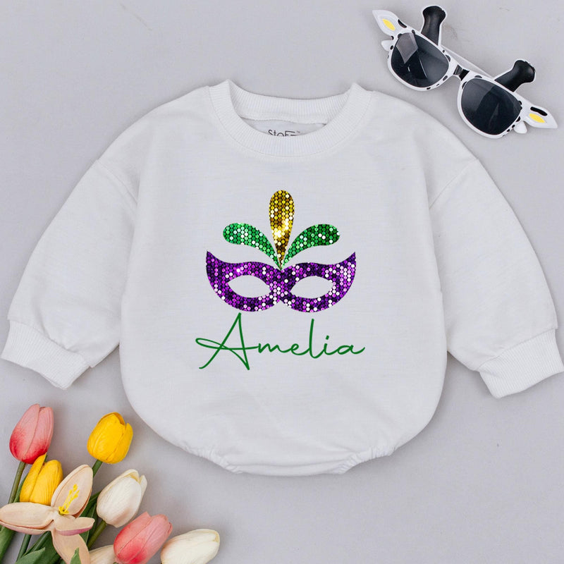 Personalized Mardi Gras Baby Romper with Glittery Mask and Feathers Festival Outfit Custom Name Amelia 1st Mardi Gras Parade Gift