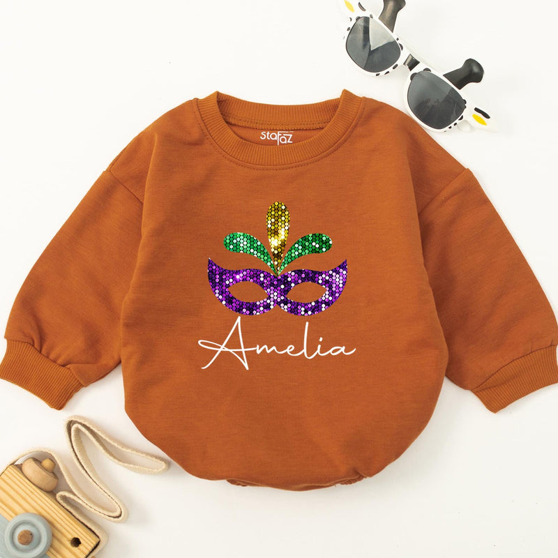 Personalized Mardi Gras Baby Romper with Glittery Mask and Feathers Festival Outfit Custom Name Amelia 1st Mardi Gras Parade Gift