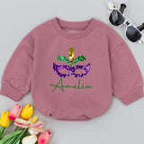 Personalized Mardi Gras Baby Romper with Glittery Mask and Feathers Festival Outfit Custom Name Amelia 1st Mardi Gras Parade Gift