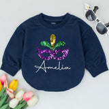 Personalized Mardi Gras Baby Romper with Glittery Mask and Feathers Festival Outfit Custom Name Amelia 1st Mardi Gras Parade Gift