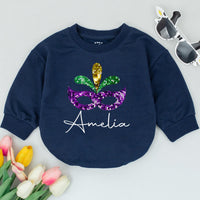 Personalized Mardi Gras Baby Romper with Glittery Mask and Feathers Festival Outfit Custom Name Amelia 1st Mardi Gras Parade Gift