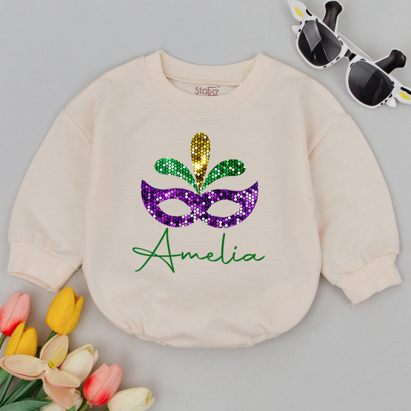 Personalized Mardi Gras Baby Romper with Glittery Mask and Feathers Festival Outfit Custom Name Amelia 1st Mardi Gras Parade Gift