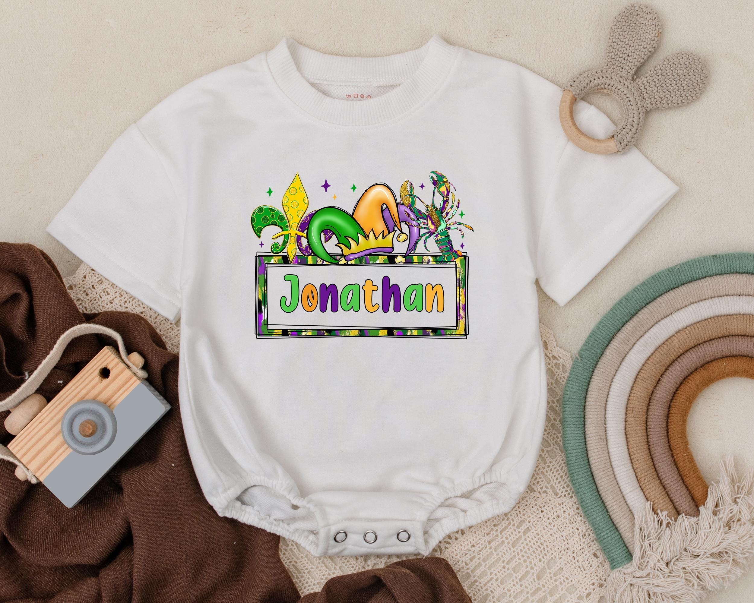 Personalized Mardi Gras Baby Romper with Jonathan's Name in Festive Colors Unisex Newborn Outfit Perfect Holiday or Baby Shower Gift