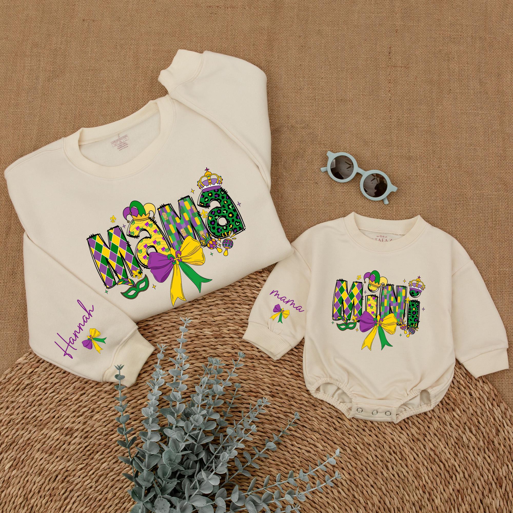 Personalized Mardi Gras Mama Mini Sweatshirt Matching Family Outfits Vibrant Colors Custom Names Mother Daughter Holiday Party Gift