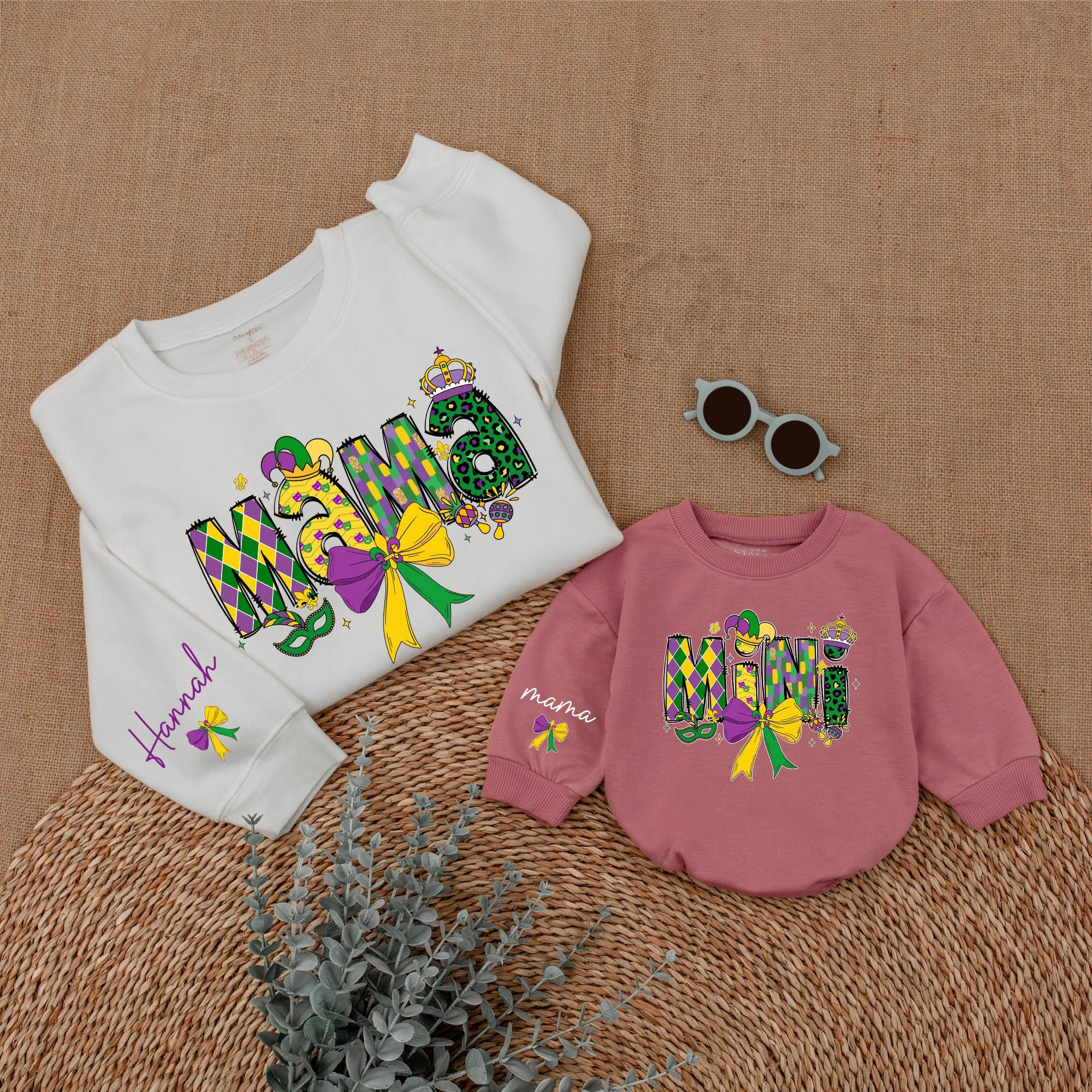 Personalized Mardi Gras Mama Mini Sweatshirt Matching Family Outfits Vibrant Colors Custom Names Mother Daughter Holiday Party Gift