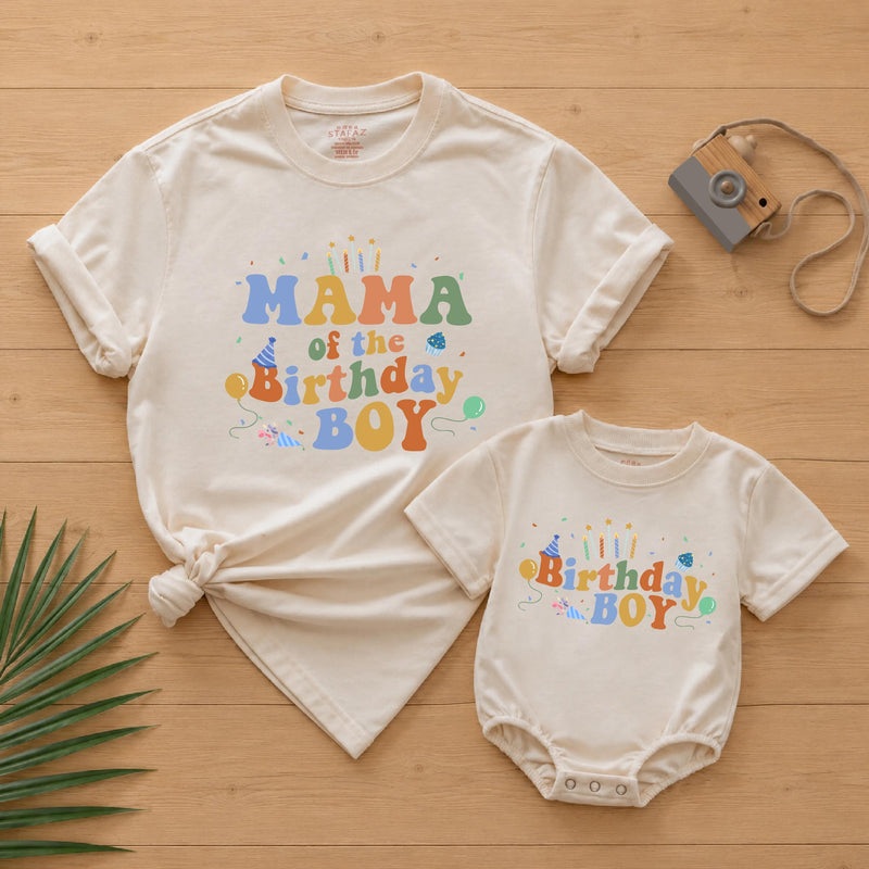 Personalized Matching Birthday Boy Outfit with Retro Party Graphics First Birthday Romper Family Celebration Shirts Cotton Soft Design