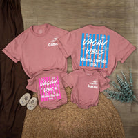 Personalized Matching Family Beach Shirts with 'Vacay Vibes' Design, Custom Text for Baby, Toddler, Kids, Mom & Dad, Soft Cotton Summer Apparel