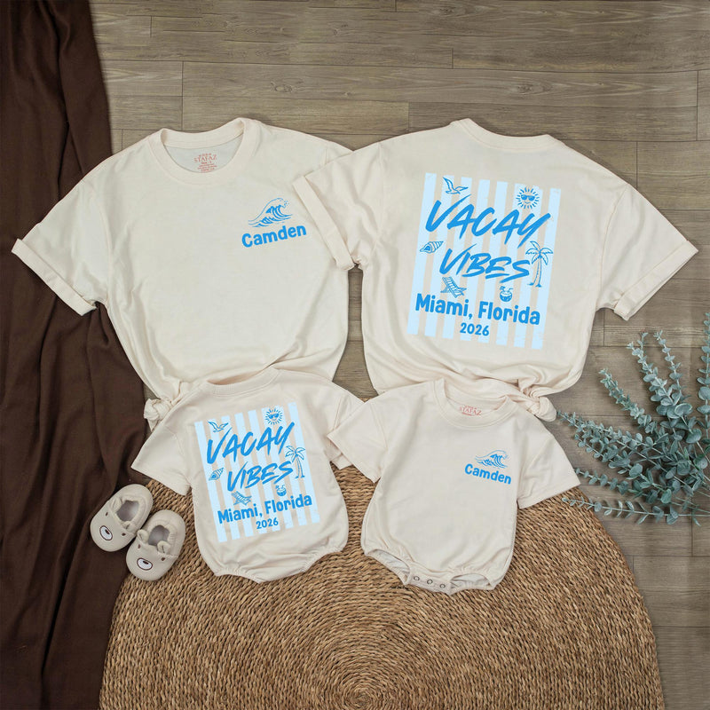 Personalized Matching Family Beach Shirts with 'Vacay Vibes' Design, Custom Text for Baby, Toddler, Kids, Mom & Dad, Soft Cotton Summer Apparel