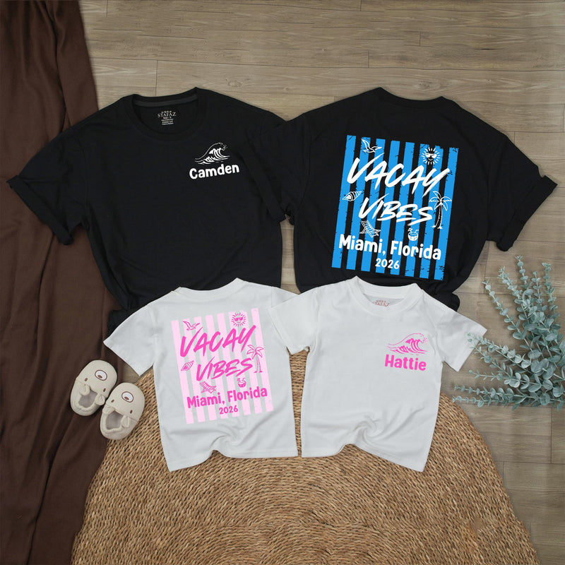 Personalized Matching Family Beach Shirts with 'Vacay Vibes' Design, Custom Text for Baby, Toddler, Kids, Mom & Dad, Soft Cotton Summer Apparel