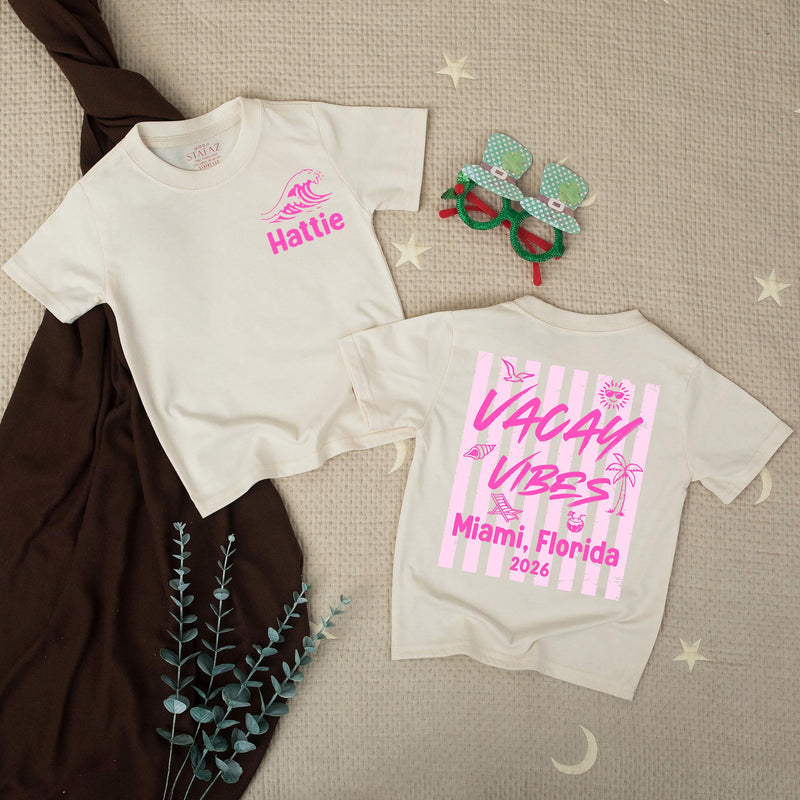 Personalized Matching Family Beach Shirts with 'Vacay Vibes' Design, Custom Text for Baby, Toddler, Kids, Mom & Dad, Soft Cotton Summer Apparel