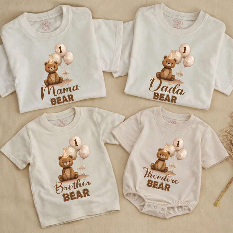 Personalized Matching Family Bear 1st Birthday Outfit, Custom Baby Romper and T-Shirts, Soft Cotton, Perfect for Milestone Photoshoots