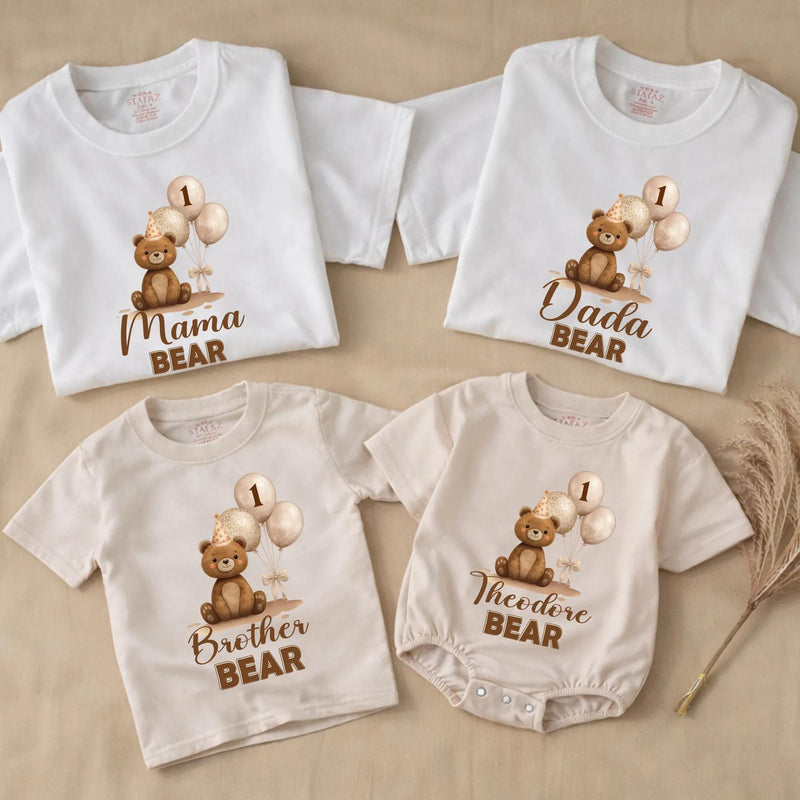 Personalized Matching Family Bear 1st Birthday Outfit, Custom Baby Romper and T-Shirts, Soft Cotton, Perfect for Milestone Photoshoots
