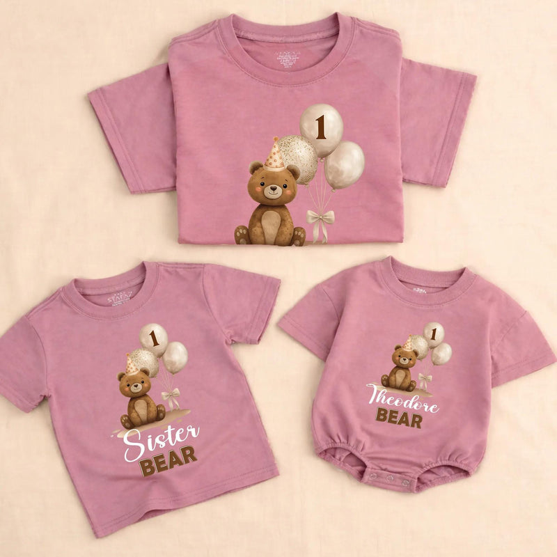 Personalized Matching Family Bear 1st Birthday Outfit, Custom Baby Romper and T-Shirts, Soft Cotton, Perfect for Milestone Photoshoots