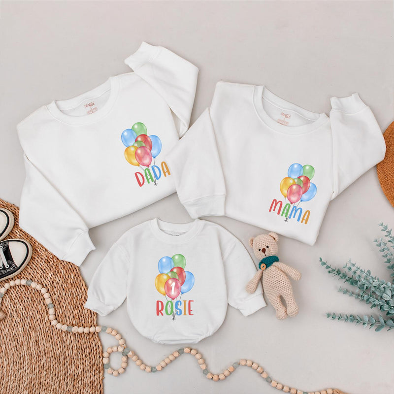 Personalized Matching Family Birthday Shirts with Balloon Design for 1st Birthday Party, Custom Mom Dad Baby Outfits, Soft Cotton Clothes