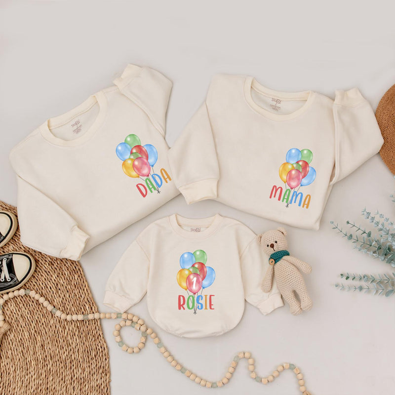 Personalized Matching Family Birthday Shirts with Balloon Design for 1st Birthday Party, Custom Mom Dad Baby Outfits, Soft Cotton Clothes