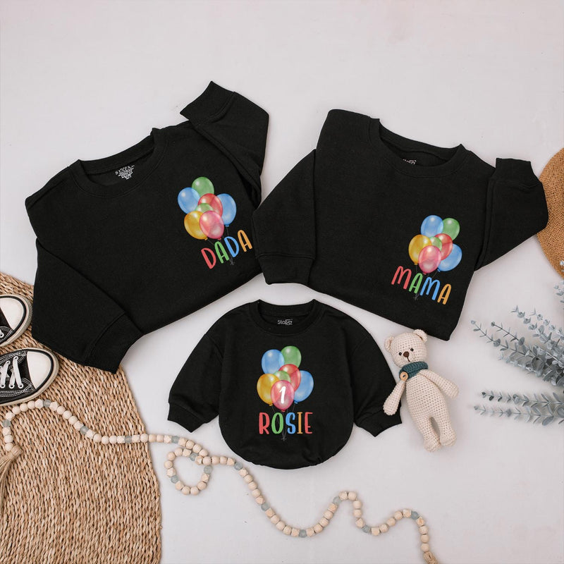 Personalized Matching Family Birthday Shirts with Balloon Design for 1st Birthday Party, Custom Mom Dad Baby Outfits, Soft Cotton Clothes