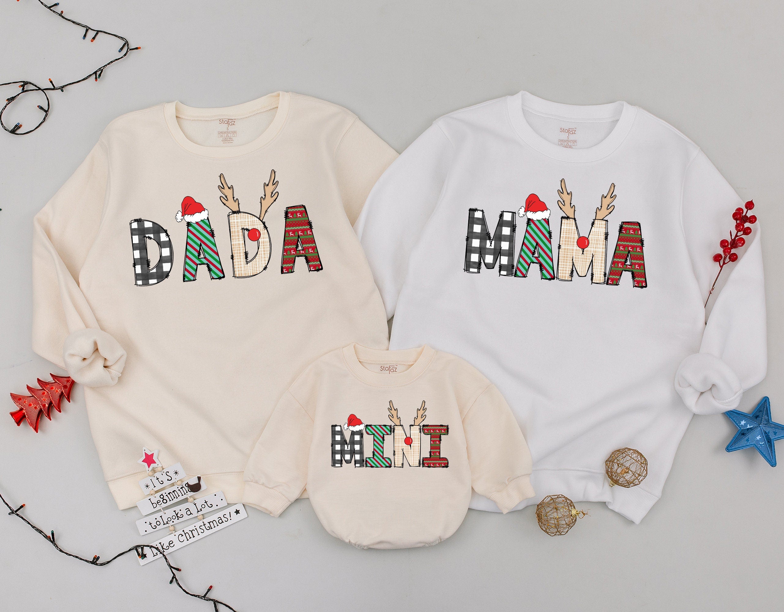 Personalized Matching Family Christmas Shirts Mama Dada Mini Festive Holiday Outfit Baby Girl Romper Gift Buffalo Plaid Santa Hat Design