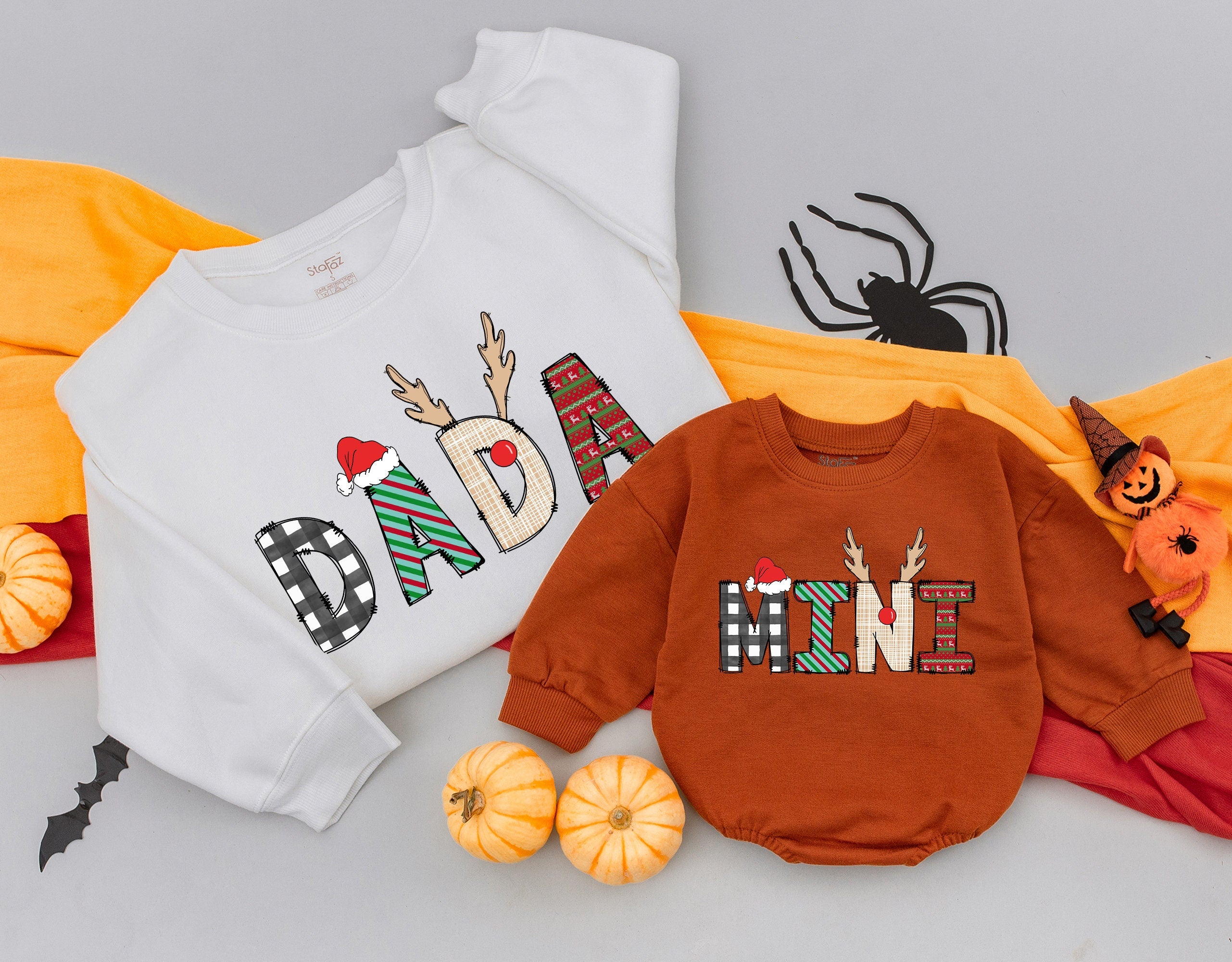 Personalized Matching Family Christmas Shirts Mama Dada Mini Festive Holiday Outfit Baby Girl Romper Gift Buffalo Plaid Santa Hat Design