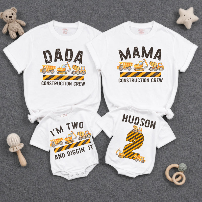 Personalized Matching Family Construction Crew Shirts, I’m Two and Diggin’ It Toddler Birthday Outfit, Custom Name and Age Cotton Tees